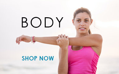 Female posing for the camera and stretching her arm with text encouraging you to shop for body related products.