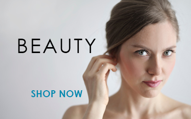 Female looking at the camera with text encouraging you to shop for beauty related products.