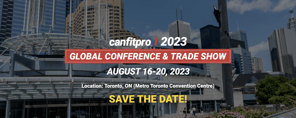 canfitpro Conference promational image with text overlaying convention center.